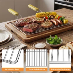 BBQ Grillrost Eckig 54x34cm aus Hochwertigem Edelstahl mit Handgriffen für Gasgrill, Kugelgrill usw.
