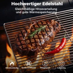 BBQ Grillrost Eckig 54x34cm aus Hochwertigem Edelstahl mit Handgriffen für Gasgrill, Kugelgrill usw.