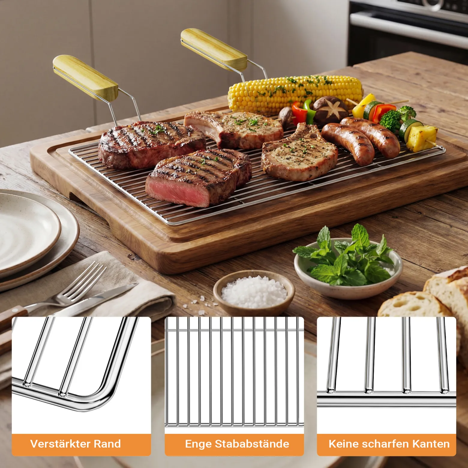 BBQ Grillrost Eckig 60x40cm aus Hochwertigem Edelstahl mit Handgriffen für Gasgrill, Kugelgrill usw.