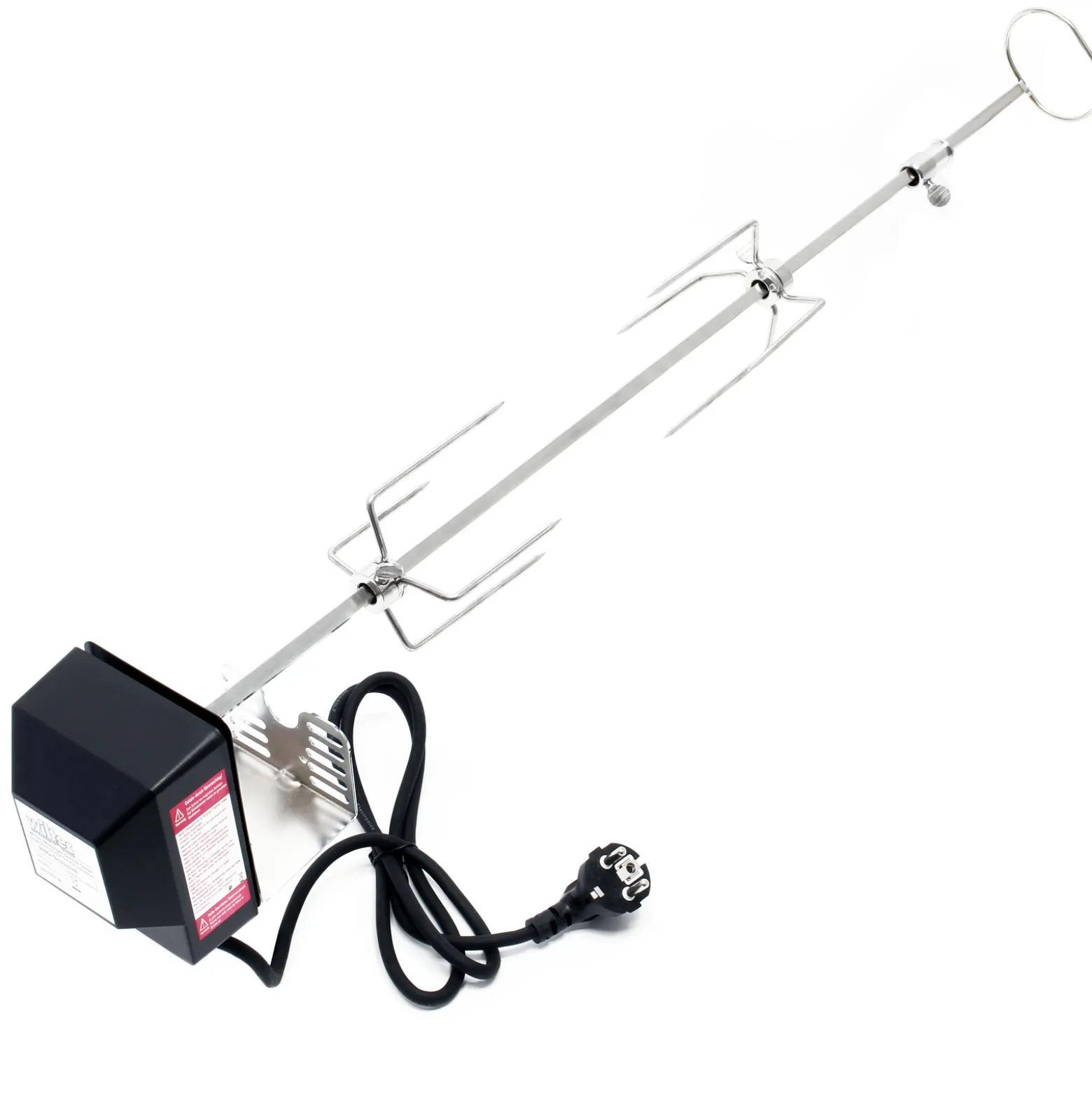 BBQ Grillspieß 82cm 230V aus Edelstahl, inkl. 2 Fleischklammern, Drehspieß Rôtisserie