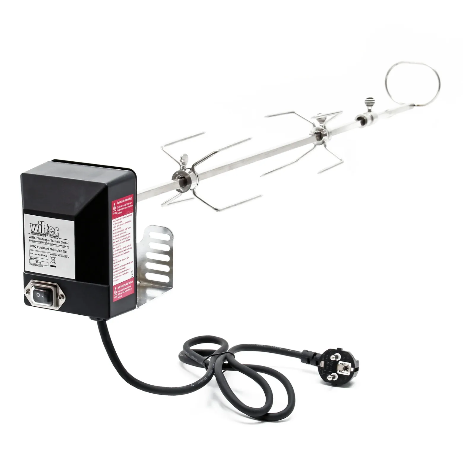 BBQ Grillspieß 82cm 230V aus Edelstahl, inkl. 2 Fleischklammern, Drehspieß Rôtisserie