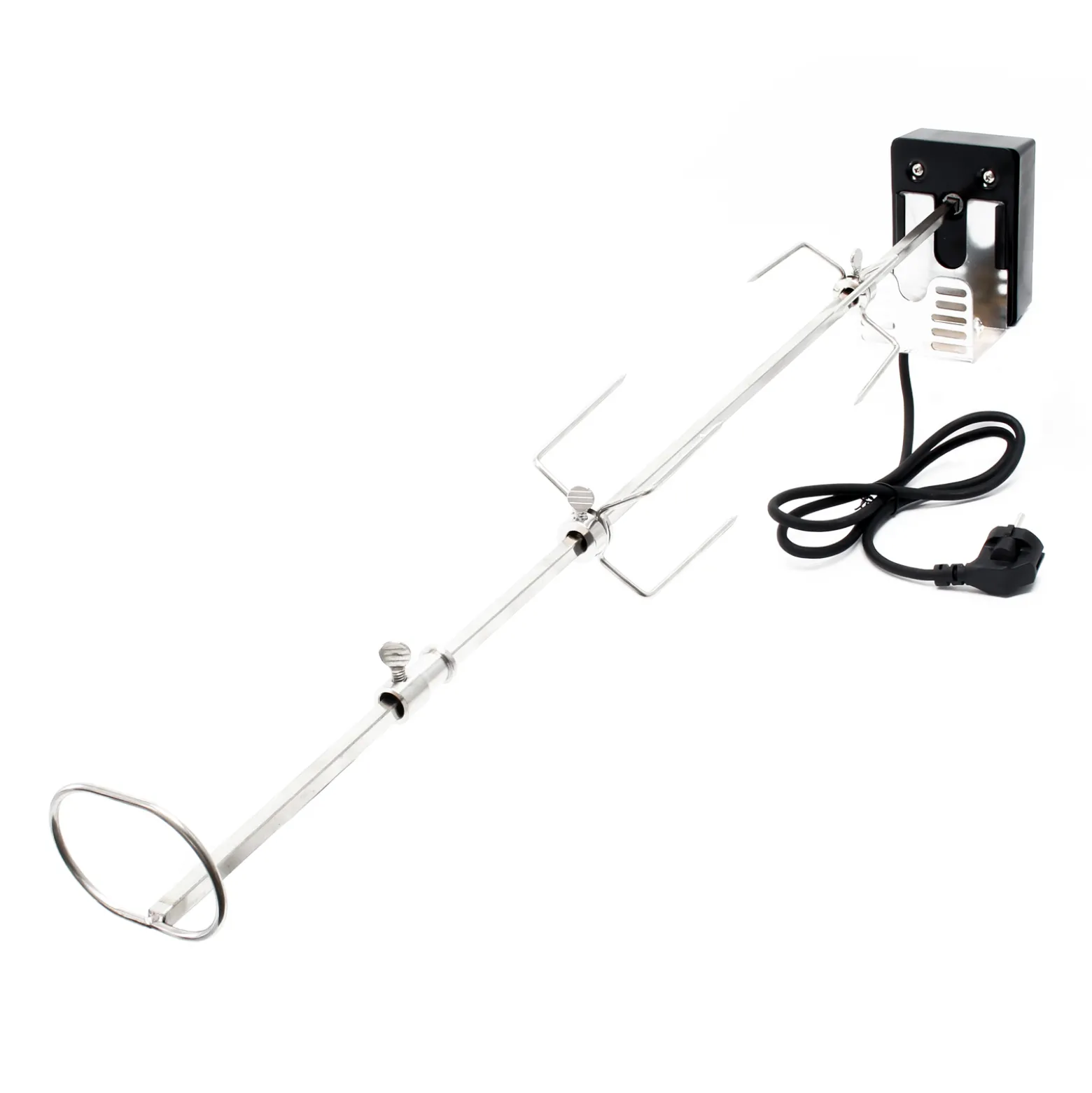 BBQ Grillspieß 82cm 230V aus Edelstahl, inkl. 2 Fleischklammern, Drehspieß Rôtisserie