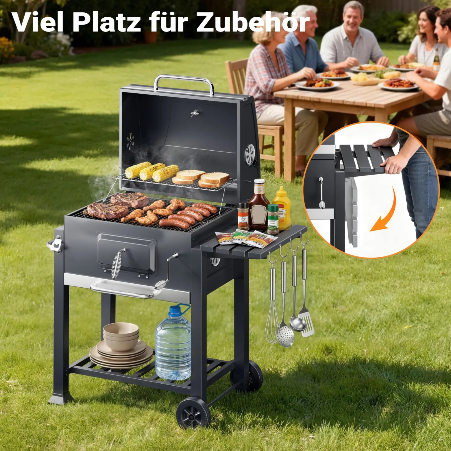 BBQ Holzkohle Grillwagen mit Deckel, Ablage und Feuerklappe, Höhenregulierung für Kohle, Thermometer