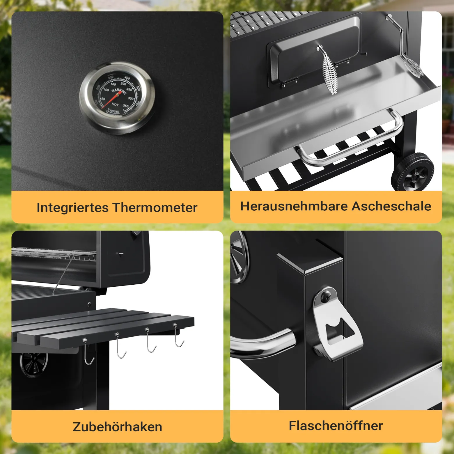 BBQ Holzkohle Grillwagen mit Deckel, Ablage und Feuerklappe, Höhenregulierung für Kohle, Thermometer