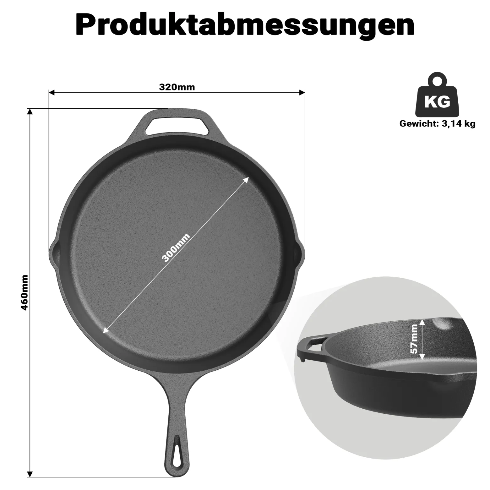 Bratpfanne aus Gusseisen Ø30cm, Feuerpfanne mit Griff und Ausgießer, Grillpfanne