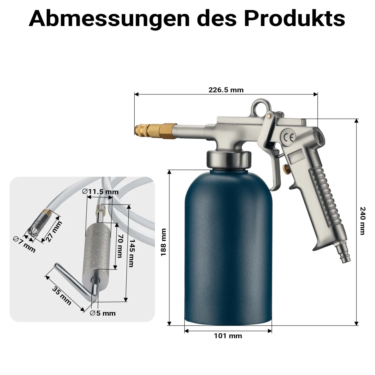 Druckbecherpistole 1100ml 4-6bar 1/4" Hohlraumpistole u. Schläuche Spritzpistole Hakendüse Runddüse