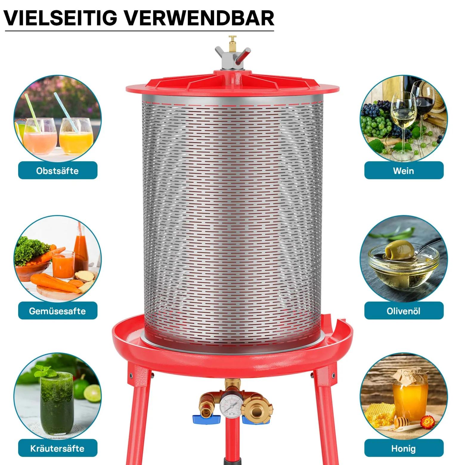Edelstahl Hydropresse mit 40 Liter Korbinhalt, Wasserdruckpresse mit 3 bar zum Pressen von Obst