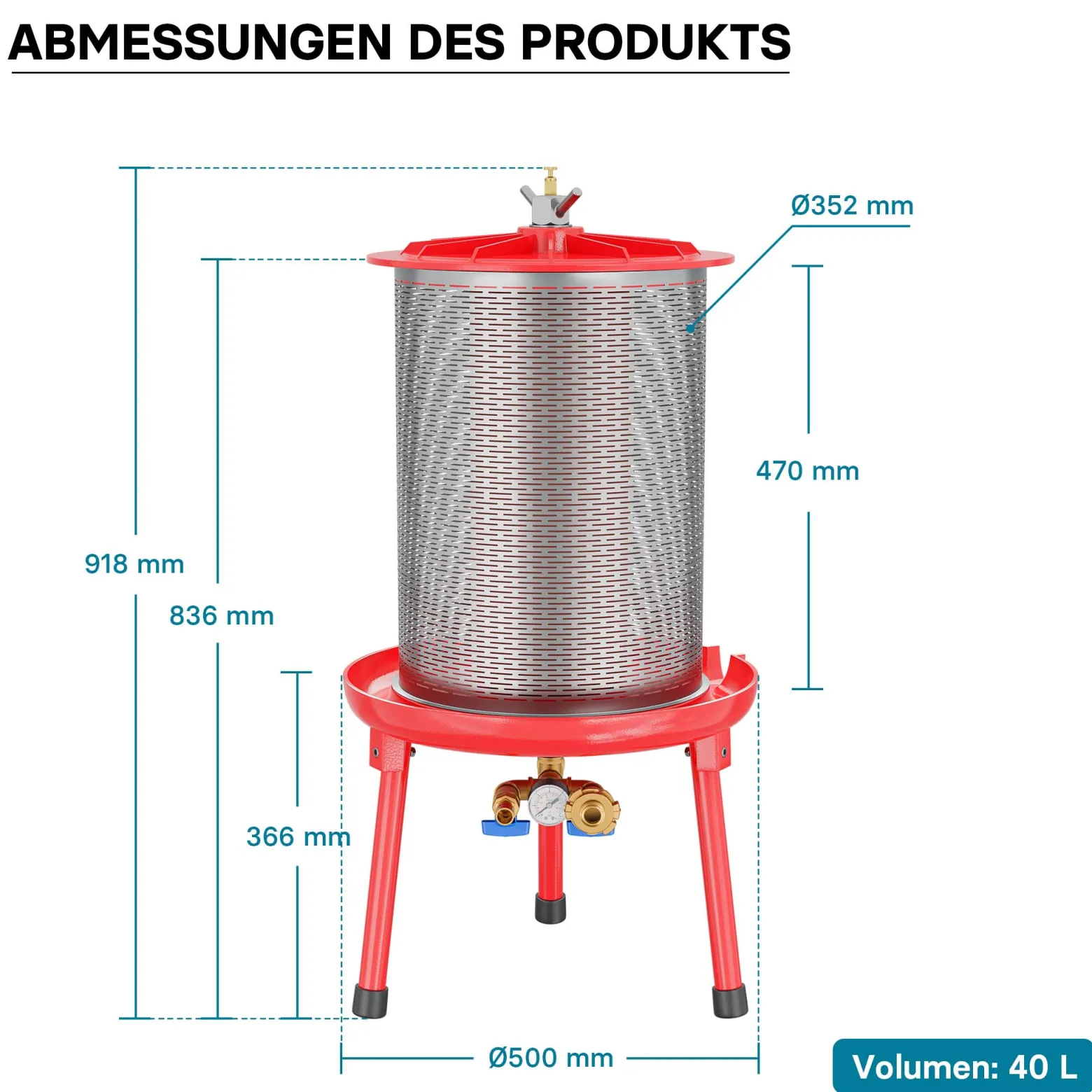 Edelstahl Hydropresse mit 40 Liter Korbinhalt, Wasserdruckpresse mit 3 bar zum Pressen von Obst