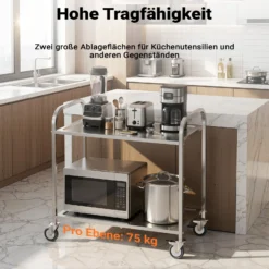 Edelstahl Servierwagen 2 Etagen bis 150kg Küchenwagen Rollwagen Leichtlaufräder mit Bremsen