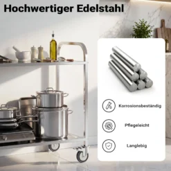 Edelstahl Servierwagen 2 Etagen bis 150kg Küchenwagen Rollwagen Leichtlaufräder mit Bremsen