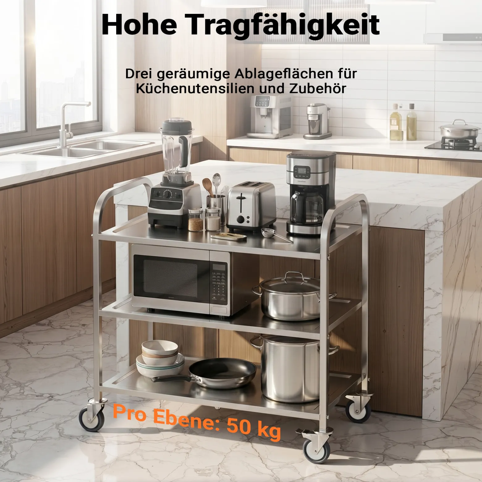 Edelstahl Servierwagen 3 Etagen bis 150kg Küchenwagen Rollwagen Leichtlaufräder mit Bremsen