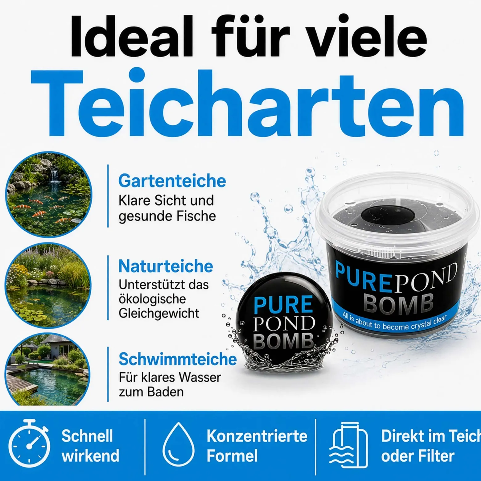 Evolution Aqua Pure Pond Bomb für Teiche bis 20.000 L, Filterbakterien und Enzyme als Biostarter für den Teich, Teichpflege