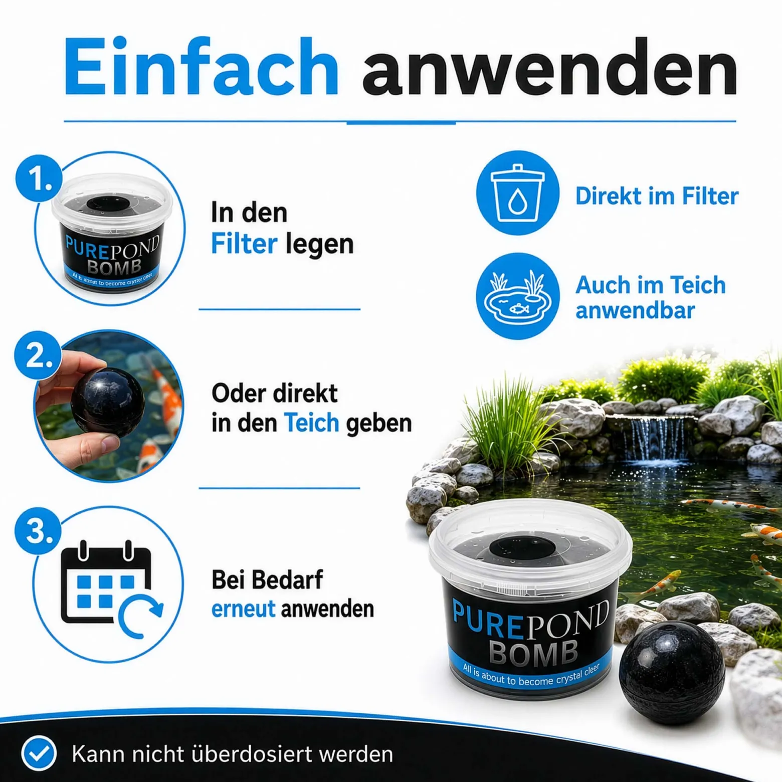 Evolution Aqua Pure Pond Bomb für Teiche bis 20.000 L, Filterbakterien und Enzyme als Biostarter für den Teich, Teichpflege