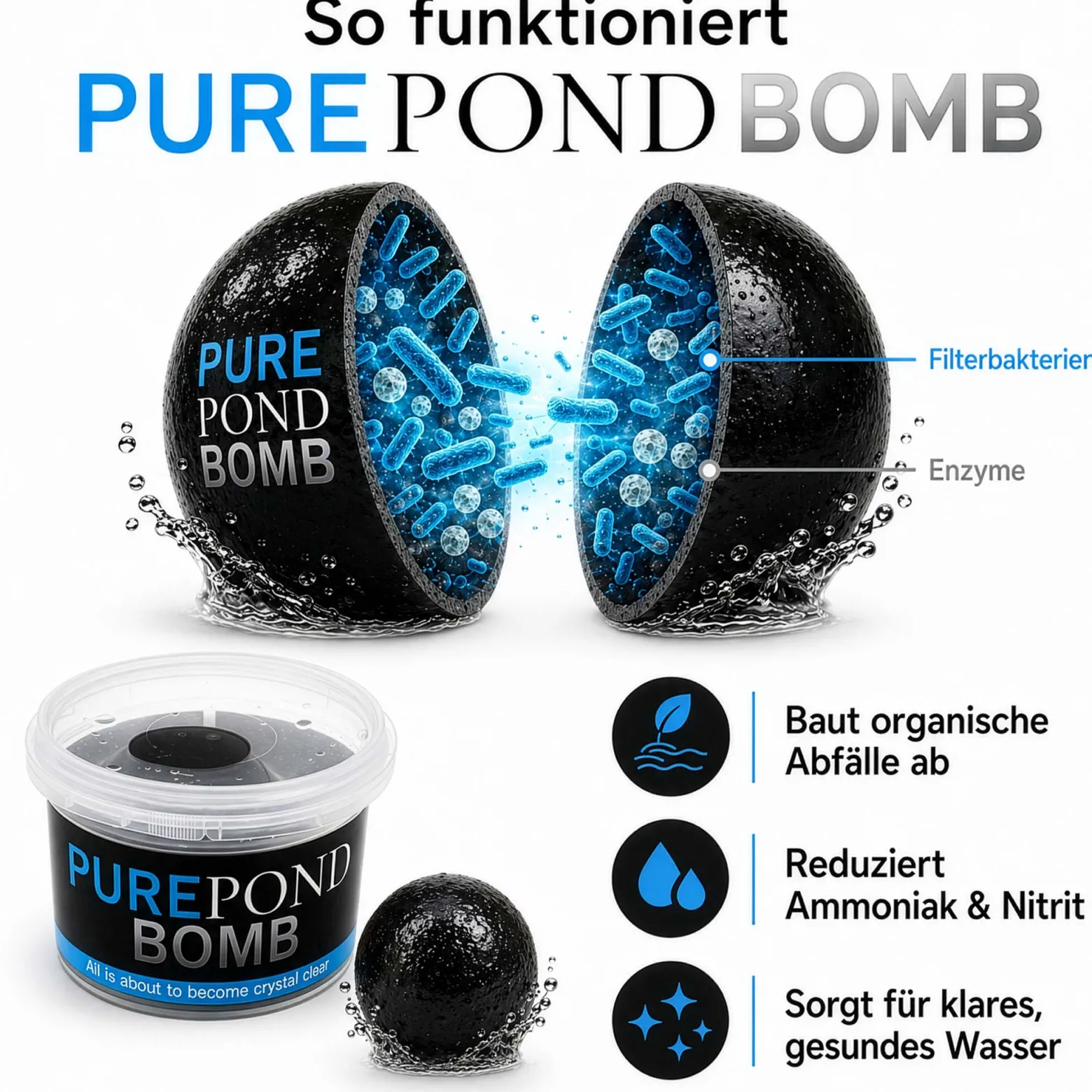 Evolution Aqua Pure Pond Bomb für Teiche bis 20.000 L, Filterbakterien und Enzyme als Biostarter für den Teich, Teichpflege