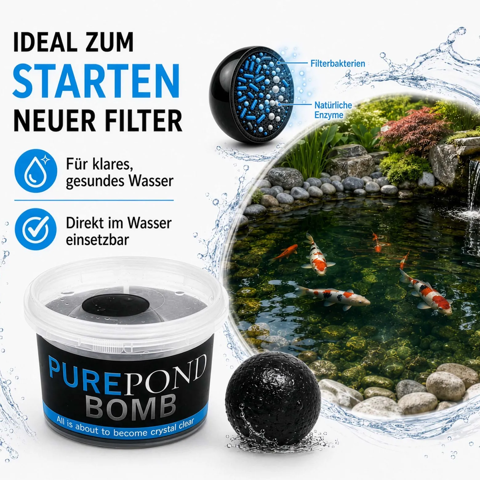 Evolution Aqua Pure Pond Bomb für Teiche bis 20.000 L, Filterbakterien und Enzyme als Biostarter für den Teich, Teichpflege