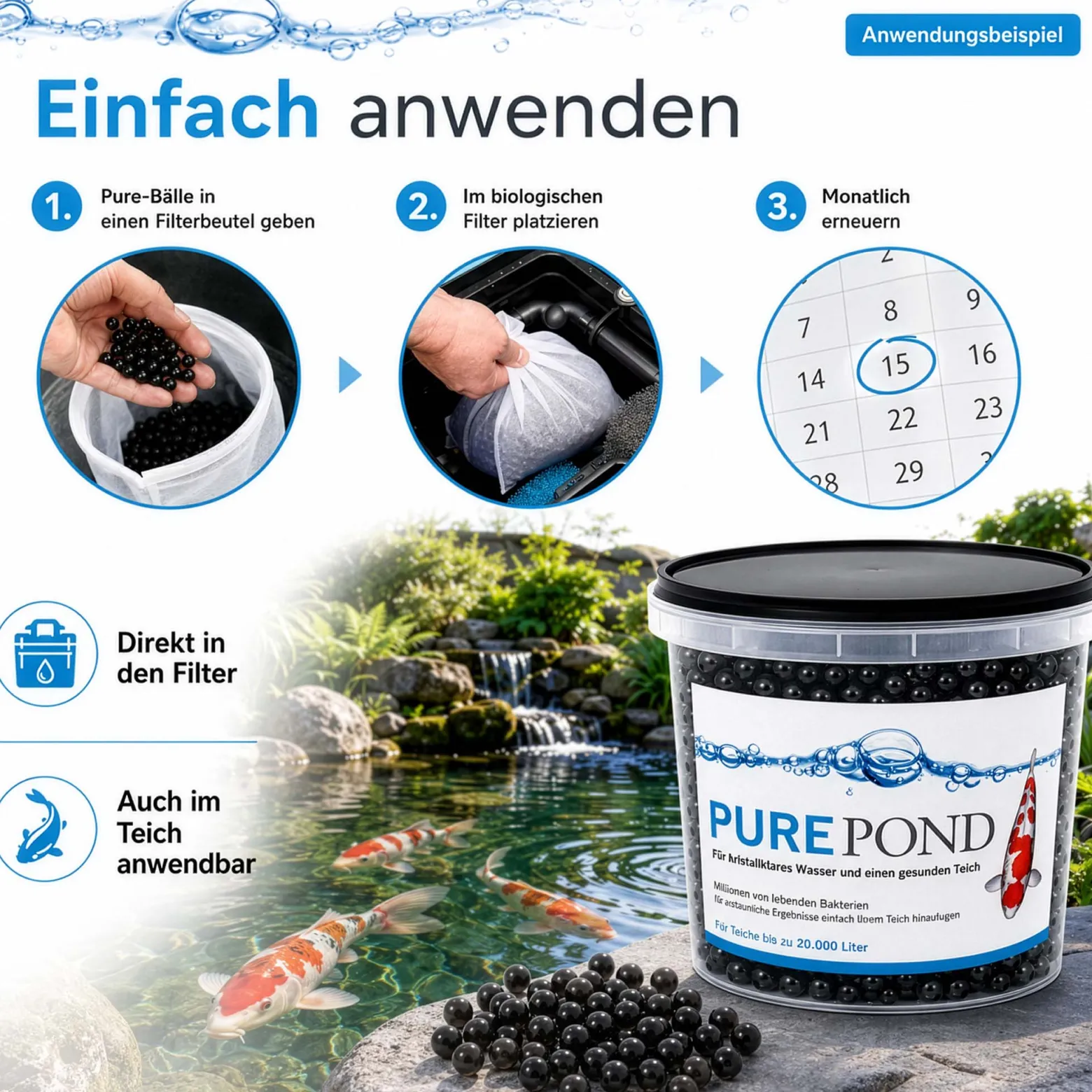 Evolution Aqua Pure Pond 1000 ml für Teiche bis 20000 l, Gelbälle Filterbakterien Biostarter für Teich und Teichfilter, Teichpflege