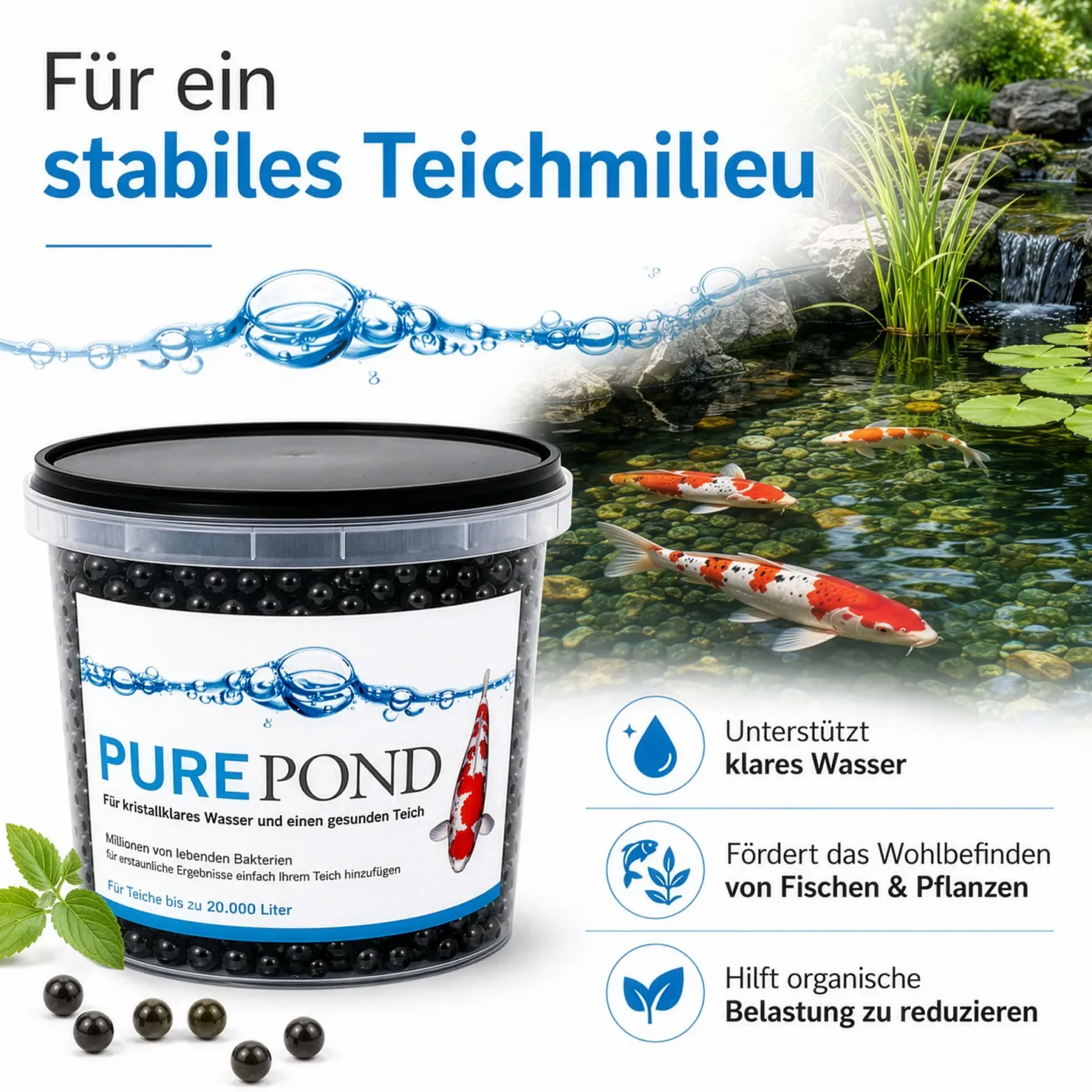 Evolution Aqua Pure Pond 1000 ml für Teiche bis 20000 l, Gelbälle Filterbakterien Biostarter für Teich und Teichfilter, Teichpflege