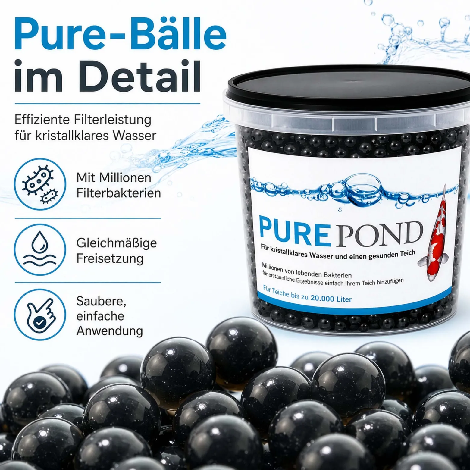 Evolution Aqua Pure Pond 1000 ml für Teiche bis 20000 l, Gelbälle Filterbakterien Biostarter für Teich und Teichfilter, Teichpflege