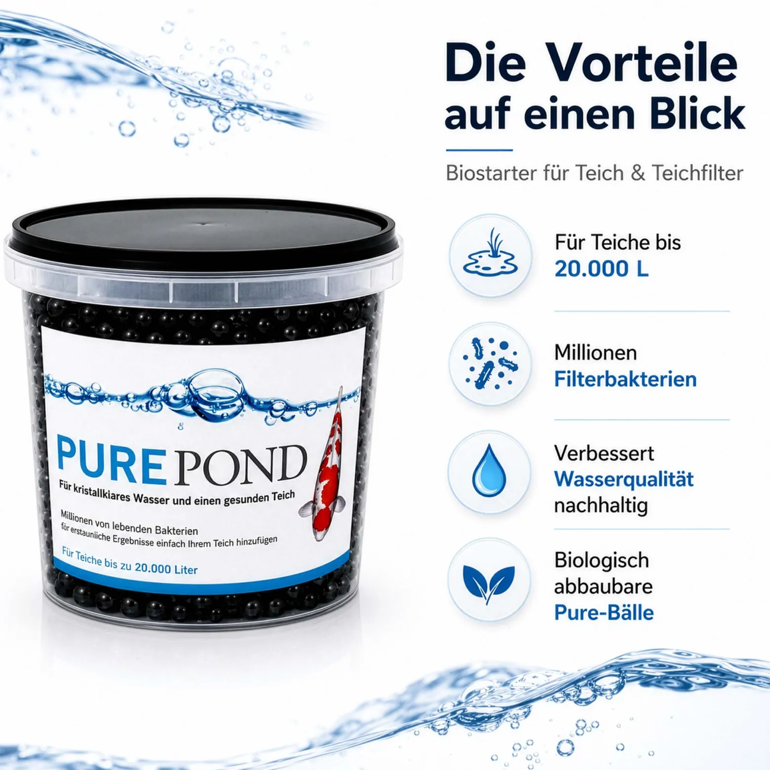 Evolution Aqua Pure Pond 1000 ml für Teiche bis 20000 l, Gelbälle Filterbakterien Biostarter für Teich und Teichfilter, Teichpflege