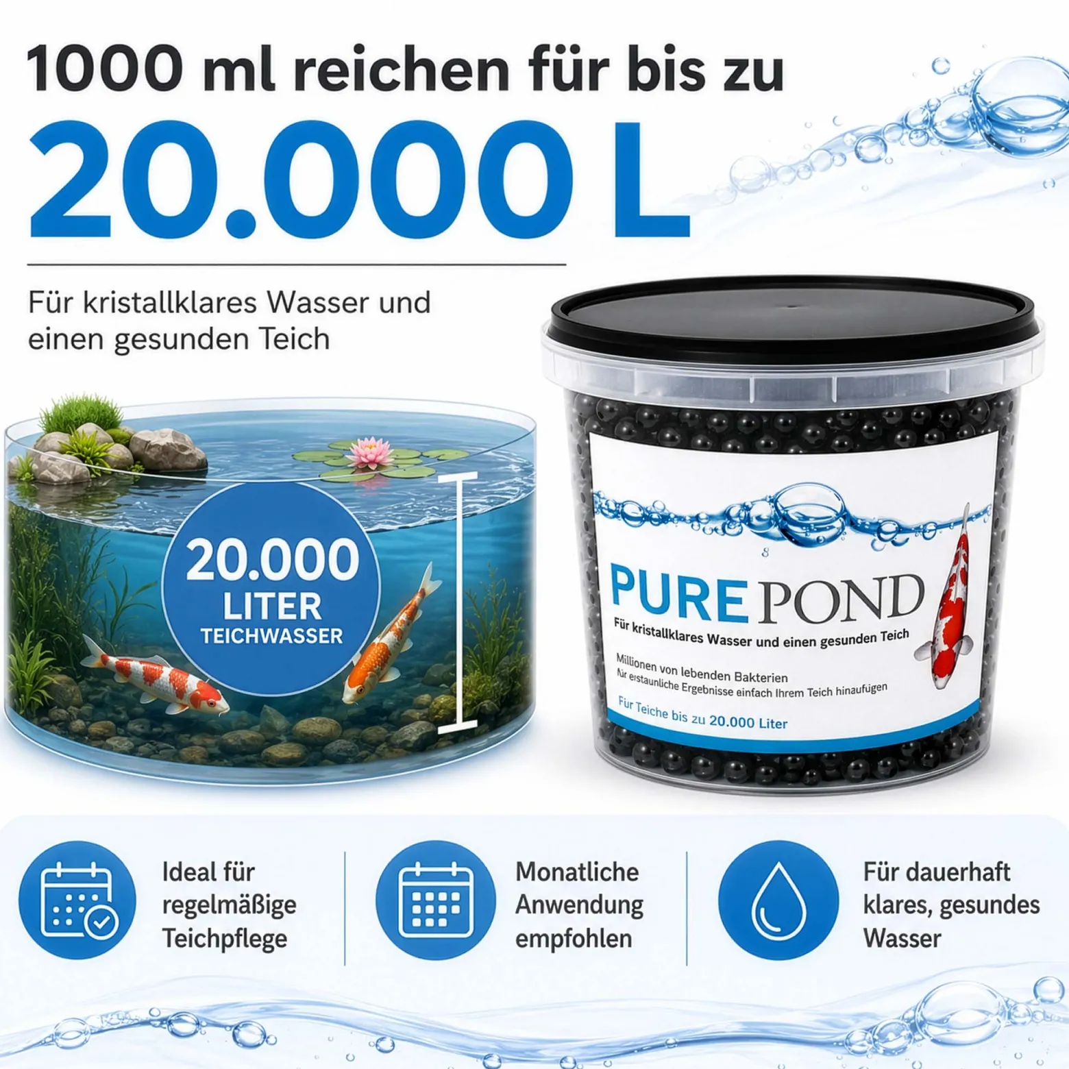 Evolution Aqua Pure Pond 1000 ml für Teiche bis 20000 l, Gelbälle Filterbakterien Biostarter für Teich und Teichfilter, Teichpflege
