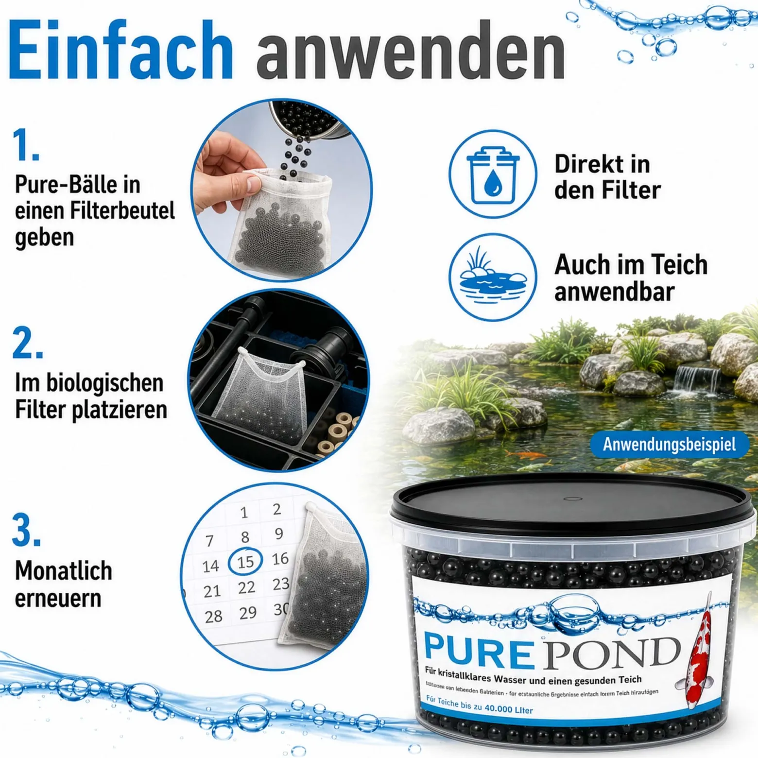 Evolution Aqua Pure Pond 2000 ml für Teiche bis 40000 l, Gelbälle Filterbakterien Biostarter für Teich und Teichfilter, Teichpflege