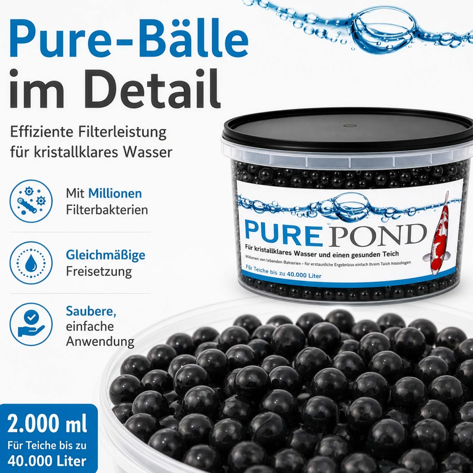 Evolution Aqua Pure Pond 2000 ml für Teiche bis 40000 l, Gelbälle Filterbakterien Biostarter für Teich und Teichfilter, Teichpflege