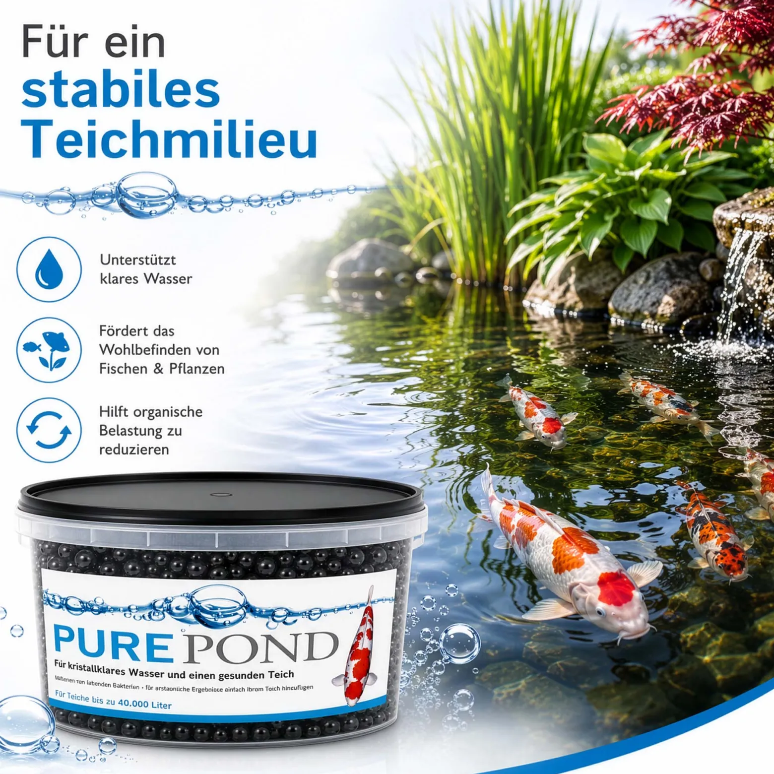 Evolution Aqua Pure Pond 2000 ml für Teiche bis 40000 l, Gelbälle Filterbakterien Biostarter für Teich und Teichfilter, Teichpflege