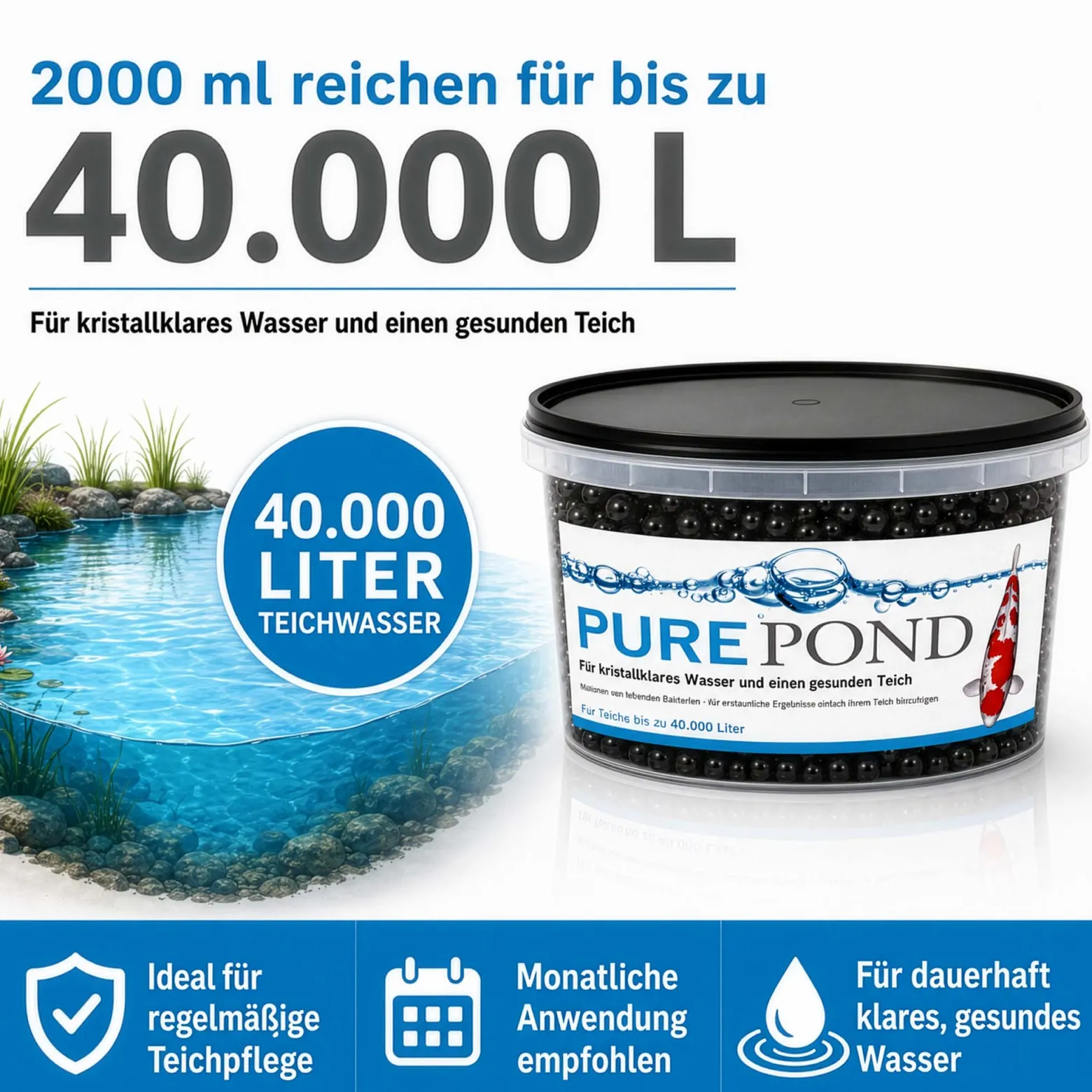 Evolution Aqua Pure Pond 2000 ml für Teiche bis 40000 l, Gelbälle Filterbakterien Biostarter für Teich und Teichfilter, Teichpflege