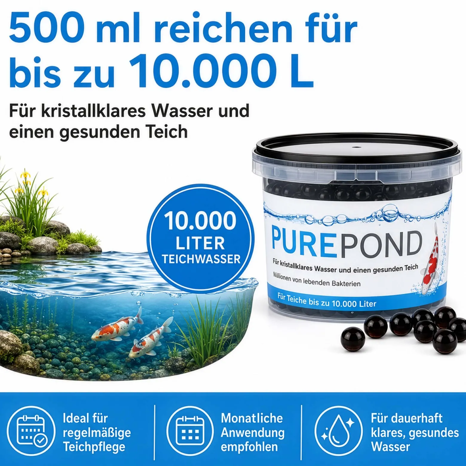 Evolution Aqua Pure Pond 500 ml für Teiche bis 10000 l, Gelbälle Filterbakterien Biostarter für Teich und Teichfilter, Teichpflege