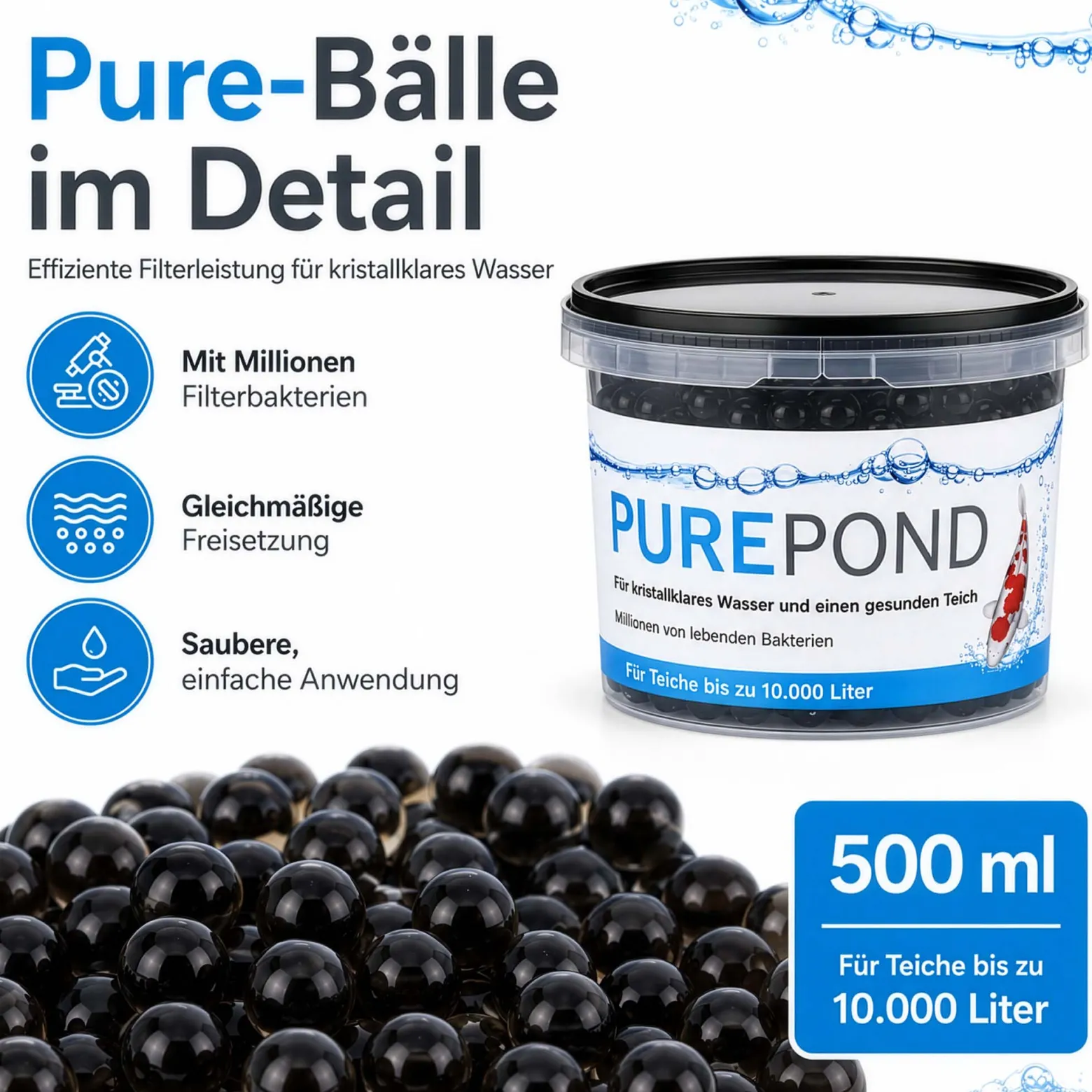 Evolution Aqua Pure Pond 500 ml für Teiche bis 10000 l, Gelbälle Filterbakterien Biostarter für Teich und Teichfilter, Teichpflege