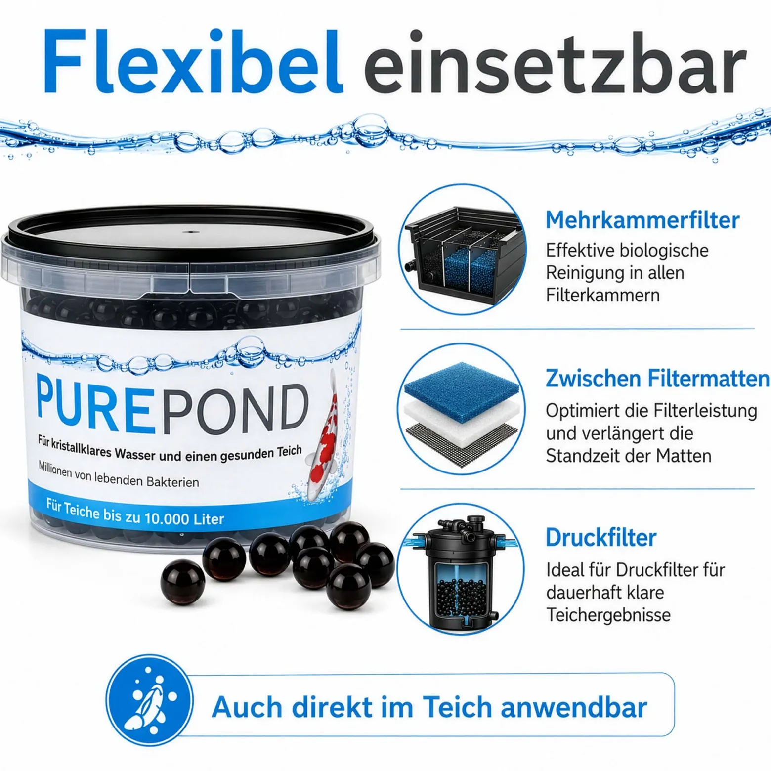 Evolution Aqua Pure Pond 500 ml für Teiche bis 10000 l, Gelbälle Filterbakterien Biostarter für Teich und Teichfilter, Teichpflege