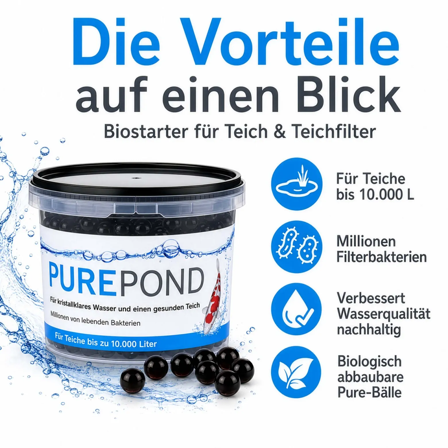 Evolution Aqua Pure Pond 500 ml für Teiche bis 10000 l, Gelbälle Filterbakterien Biostarter für Teich und Teichfilter, Teichpflege