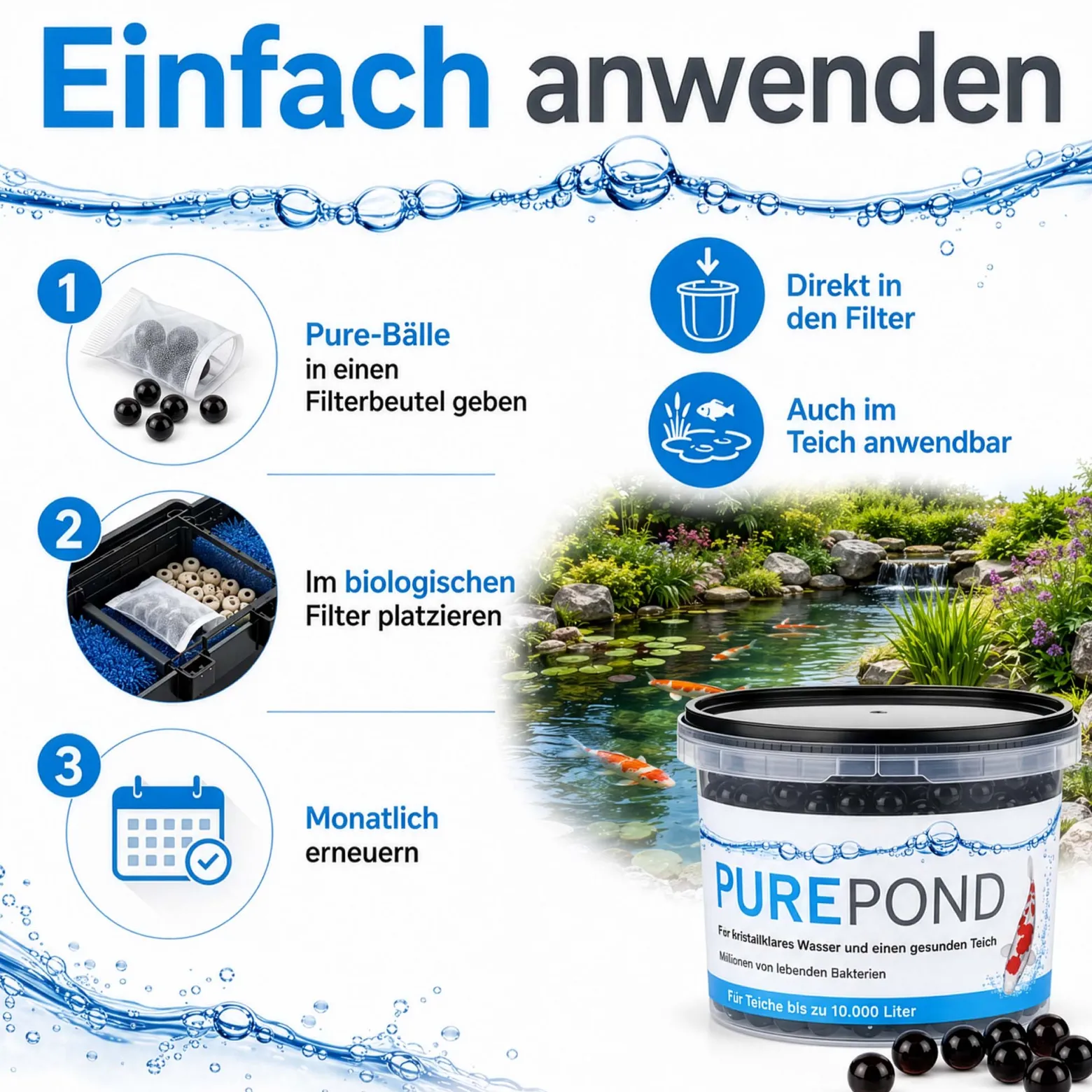 Evolution Aqua Pure Pond 500 ml für Teiche bis 10000 l, Gelbälle Filterbakterien Biostarter für Teich und Teichfilter, Teichpflege