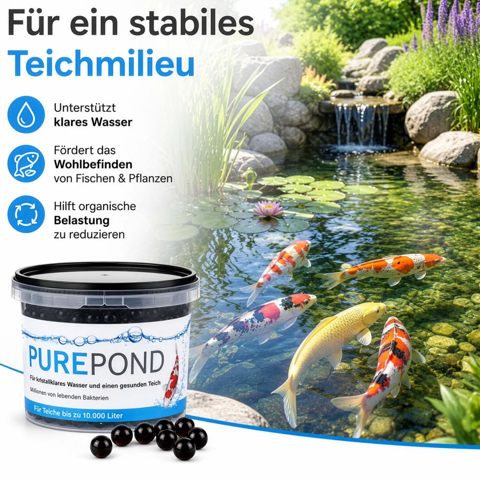 Evolution Aqua Pure Pond 500 ml für Teiche bis 10000 l, Gelbälle Filterbakterien Biostarter für Teich und Teichfilter, Teichpflege