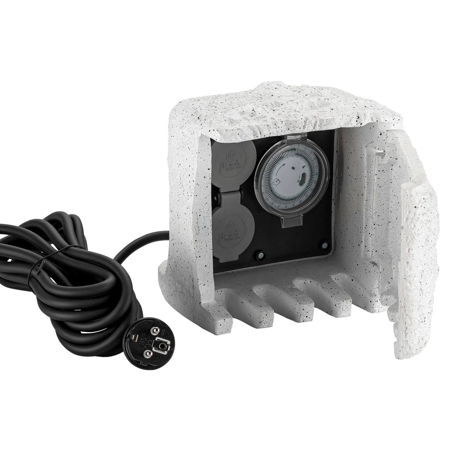 2-fach Gartensteckdose Außensteckdose Kunstharz Zeitschaltuhr IP44 Outdoor Steinoptik 5m Kabel