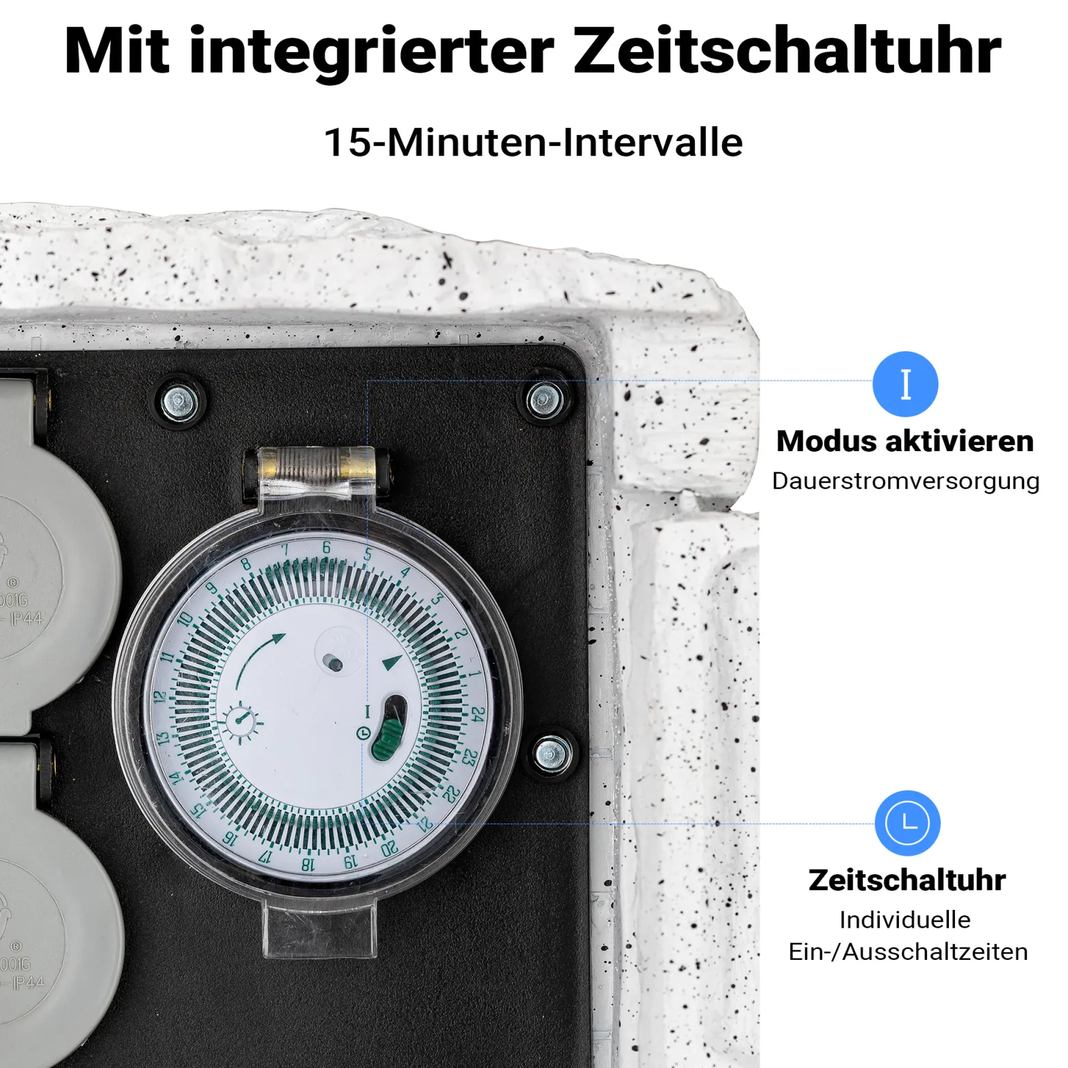 2-fach Gartensteckdose Außensteckdose Kunstharz Zeitschaltuhr IP44 Outdoor Steinoptik 5m Kabel