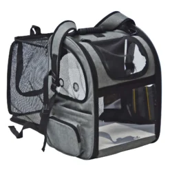 Fudajo Ausziehbarer Haustier Rucksack 27x35,5x41,5 cm bis 6kg, Hunderucksack, Katzenrucksack mit Netz und Fenstern, Schwarz und Grau