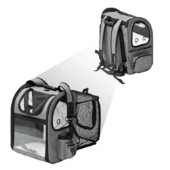 Fudajo Ausziehbarer Haustier Rucksack 27x35,5x41,5 cm bis 6kg, Hunderucksack, Katzenrucksack mit Netz und Fenstern, Schwarz und Grau