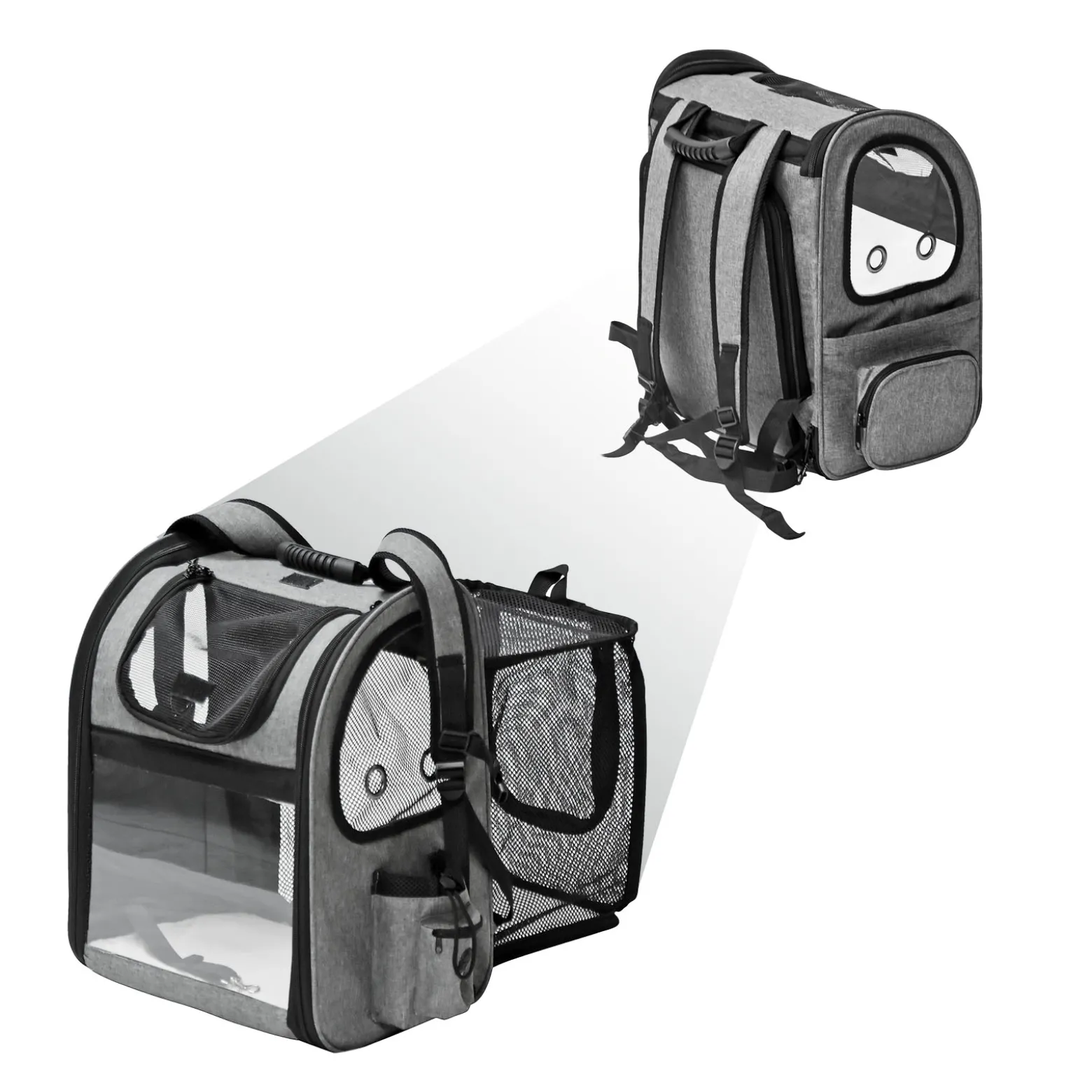 Fudajo Ausziehbarer Haustier Rucksack 27x35,5x41,5 cm bis 6kg, Hunderucksack, Katzenrucksack mit Netz und Fenstern, Schwarz und Grau
