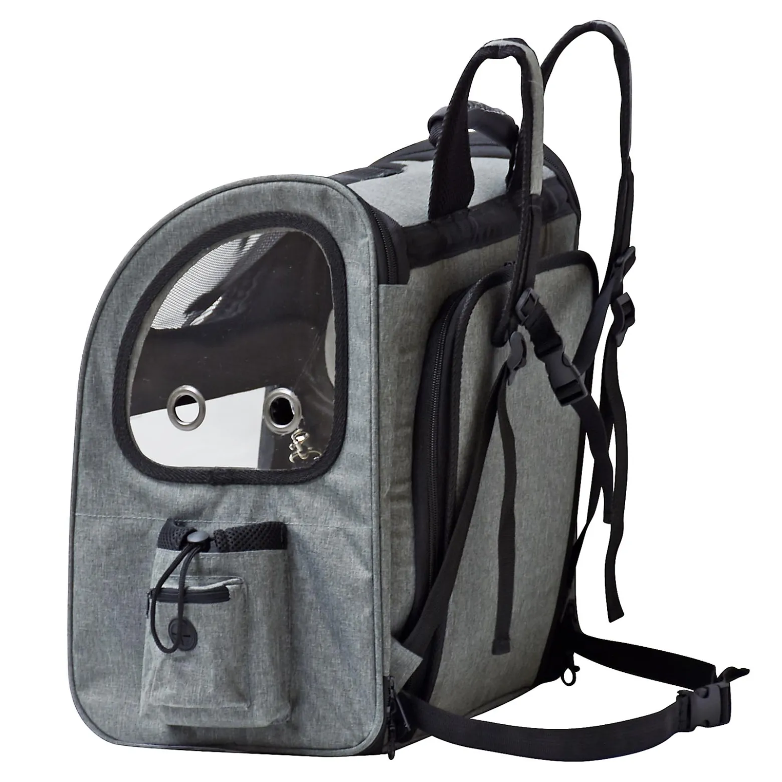 Fudajo Ausziehbarer Haustier Rucksack 27x35,5x41,5 cm bis 6kg, Hunderucksack, Katzenrucksack mit Netz und Fenstern, Schwarz und Grau