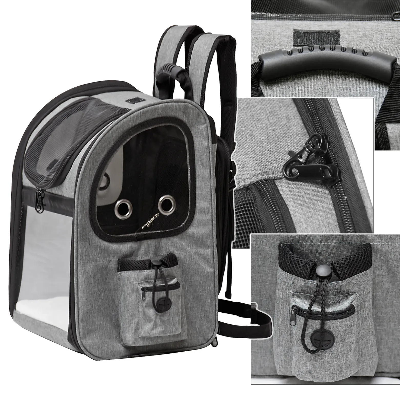 Fudajo Ausziehbarer Haustier Rucksack 27x35,5x41,5 cm bis 6kg, Hunderucksack, Katzenrucksack mit Netz und Fenstern, Schwarz und Grau