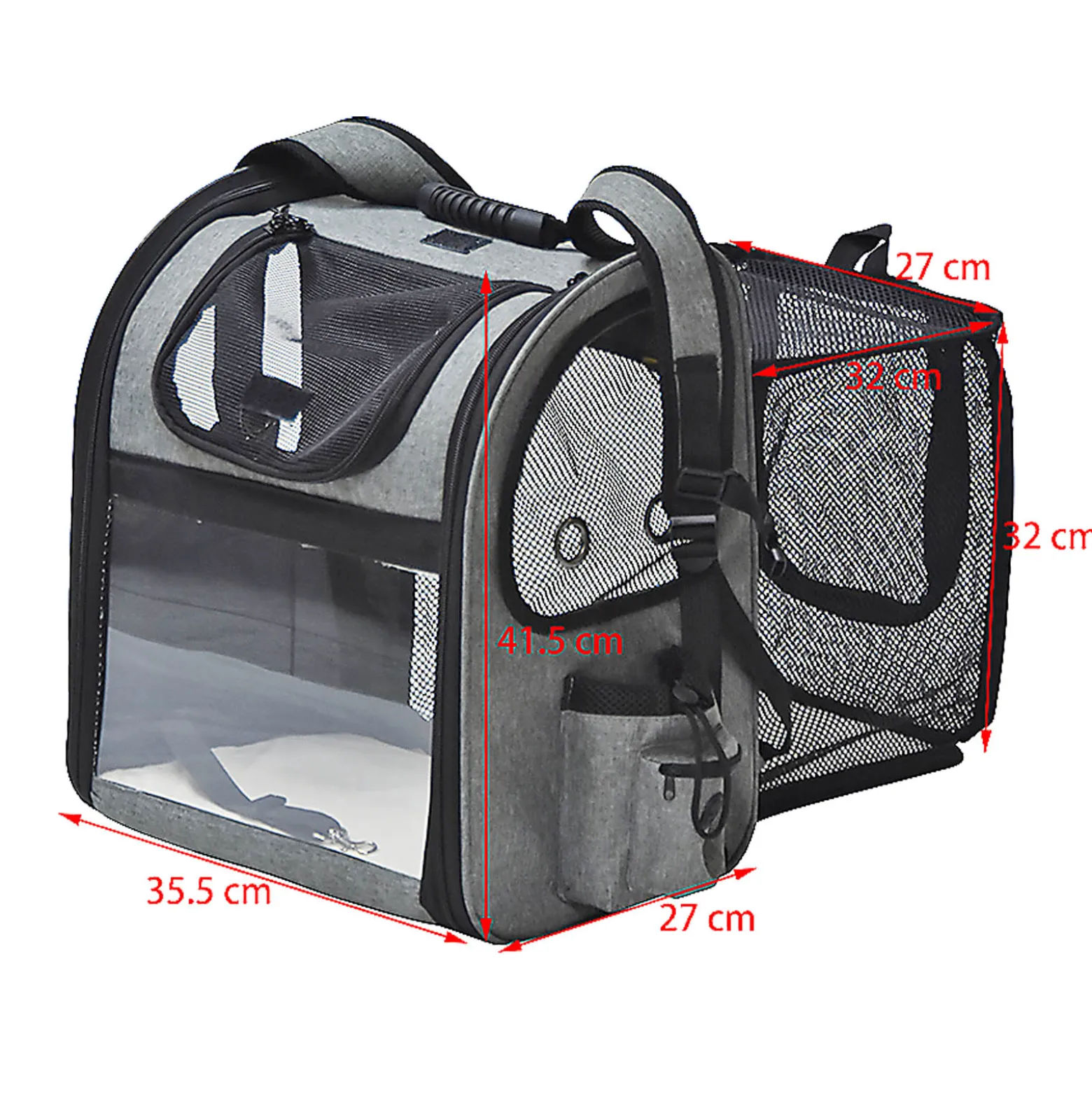 Fudajo Ausziehbarer Haustier Rucksack 27x35,5x41,5 cm bis 6kg, Hunderucksack, Katzenrucksack mit Netz und Fenstern, Schwarz und Grau