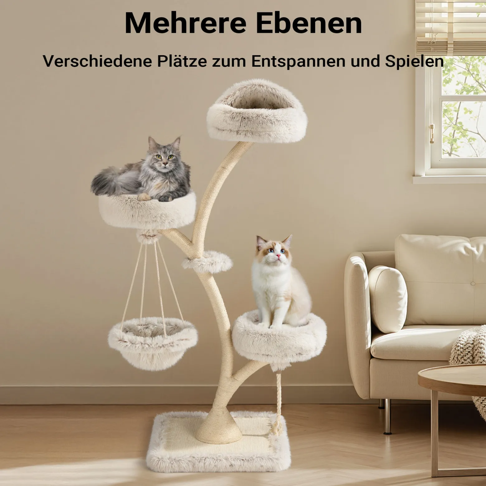 Fudajo Designer Kratzbaum mit Hängeliege, Katzenkratzbaum 59 x 59 x 169 cm, Katzenbaum bis max. 15 kg mit Sisal und Plüsch, Katzenmöbel mit 3 Etagen