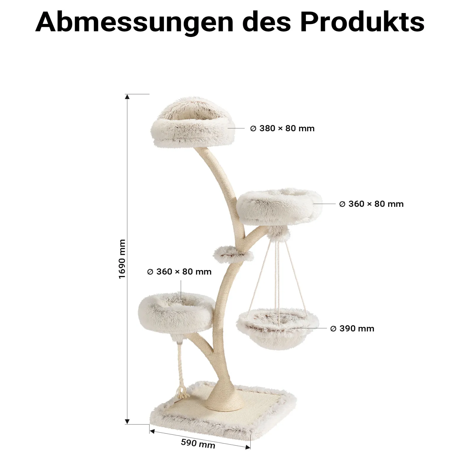 Fudajo Designer Kratzbaum mit Hängeliege, Katzenkratzbaum 59 x 59 x 169 cm, Katzenbaum bis max. 15 kg mit Sisal und Plüsch, Katzenmöbel mit 3 Etagen