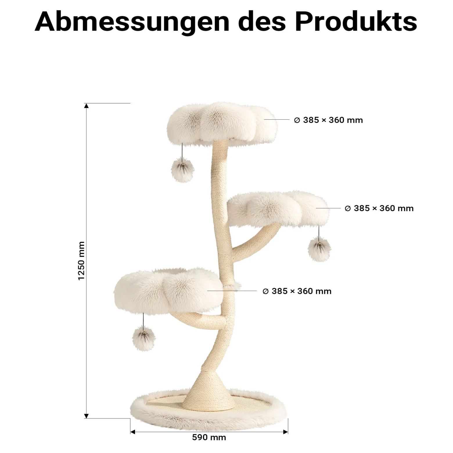 Fudajo Designer Kratzbaum mit 3 Mulden, Katzenkratzbaum Ø 59 cm und 125 cm Höhe, Katzenbaum bis max. 15 kg mit Sisal und Plüsch, Katzenmöbel mit 3 Etagen
