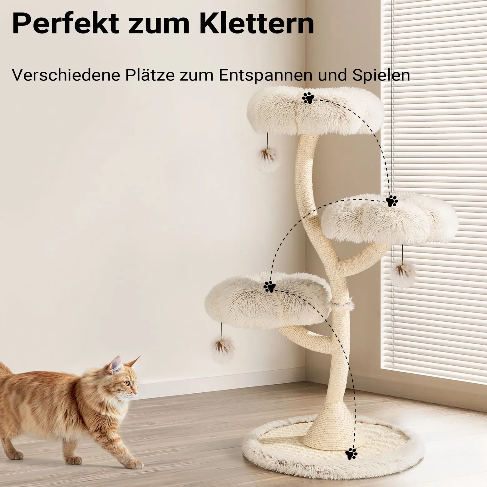 Fudajo Designer Kratzbaum mit 3 Mulden, Katzenkratzbaum Ø 59 cm und 125 cm Höhe, Katzenbaum bis max. 15 kg mit Sisal und Plüsch, Katzenmöbel mit 3 Etagen