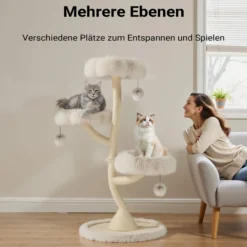 Fudajo Designer Kratzbaum mit 3 Mulden, Katzenkratzbaum Ø 59 cm und 125 cm Höhe, Katzenbaum bis max. 15 kg mit Sisal und Plüsch, Katzenmöbel mit 3 Etagen