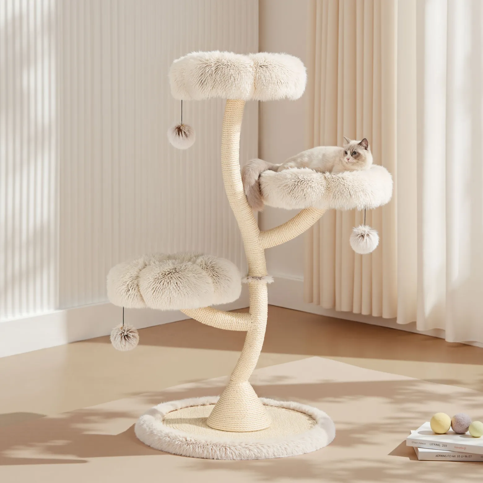 Fudajo Designer Kratzbaum mit 3 Mulden, Katzenkratzbaum Ø 59 cm und 125 cm Höhe, Katzenbaum bis max. 15 kg mit Sisal und Plüsch, Katzenmöbel mit 3 Etagen