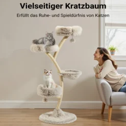 Fudajo Designer Kratzbaum 59 x 59 x 155 cm, Katzenkratzbaum mit Plüsch und Sisal, Kletterbaum für Katzen, Katzenbaum mit Spielbällen