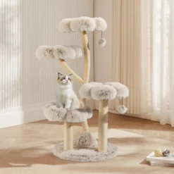 Fudajo Designer Kratzbaum 59 x 59 x 123 cm, Katzenkratzbaum mit Plüsch und Sisal, Kletterbaum für Katzen, Katzenbaum mit Spielbällen